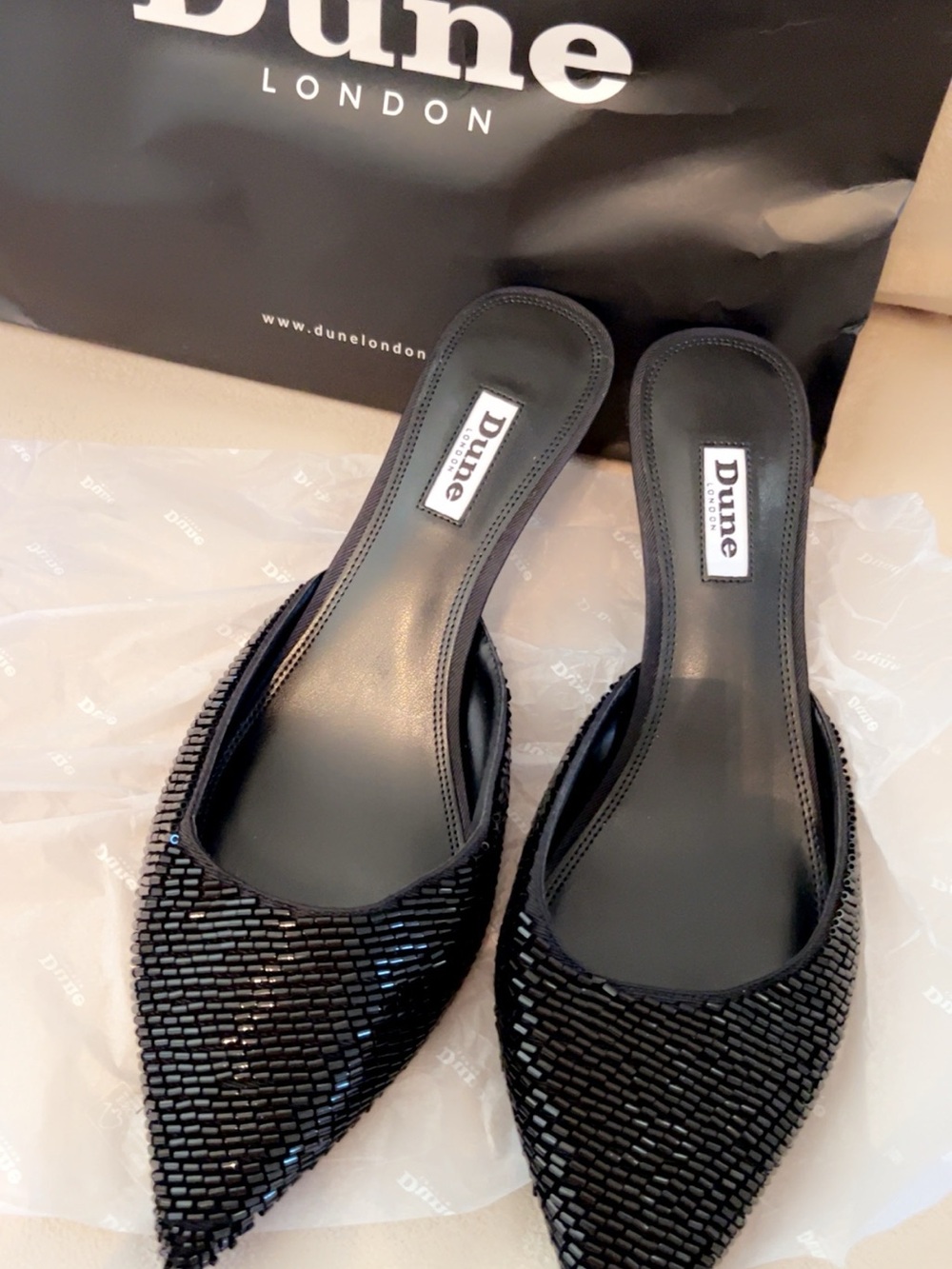 Dune London Black Beaded Pointed Slip-On Heels